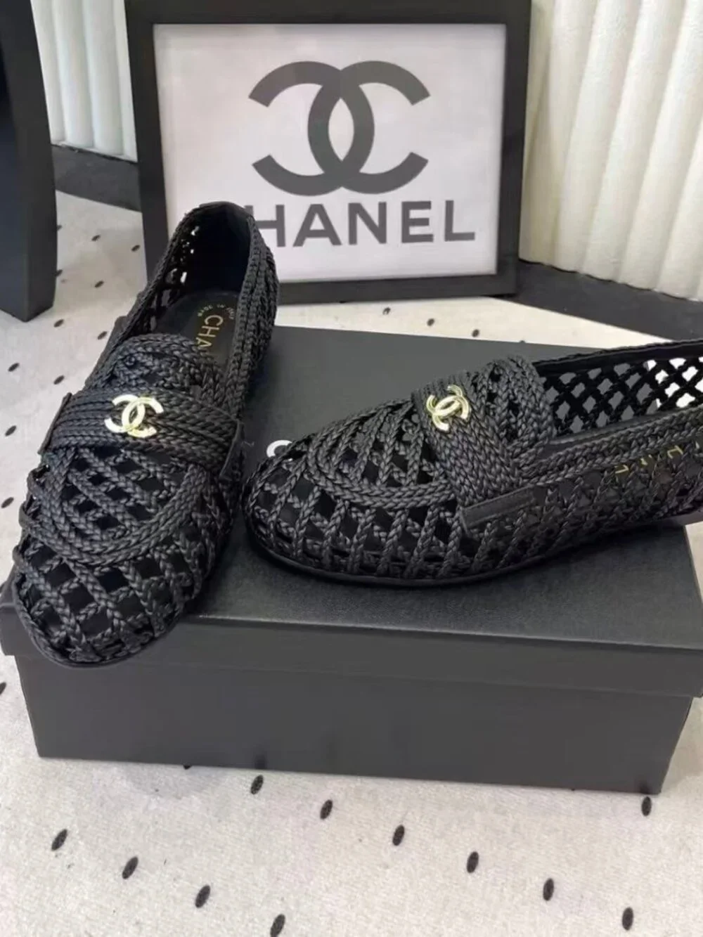 Chanel Black Woven Mesh CC Logo Flat Loafers